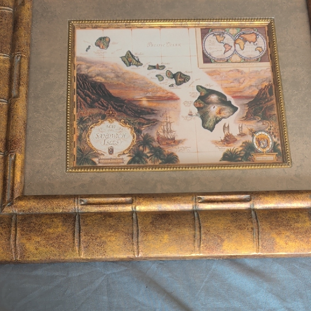 Antique-Style Framed Hawaiian Island Map Wall Art - Gold Brown - Picture 5 of 7